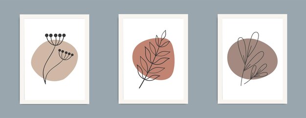 트렌디한 boho 색상의 포스터 세트 손으로 그린 추상 요소 꽃과 잎