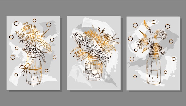 set of posters vector flat illustration with golden flowers