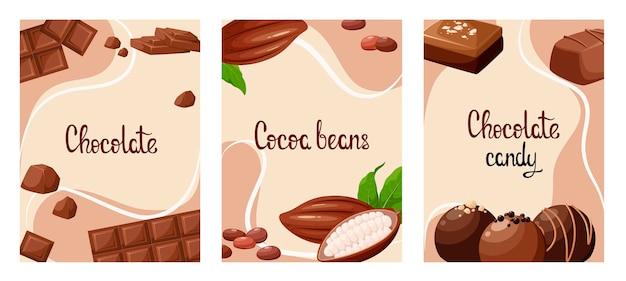 Una serie di poster con cioccolato e fave di cacao.