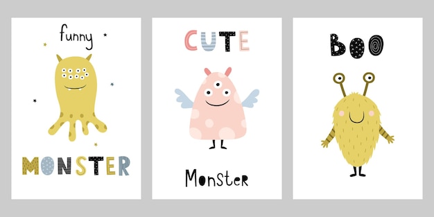 A set of posters with cute cartoon monsters Funny characters with handdrawn inscriptions