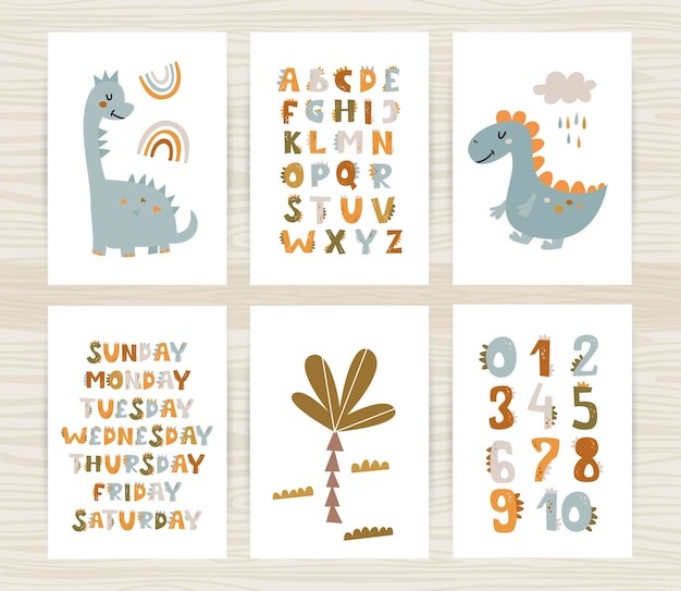 Vector set of posters with cute dinosaurs numbers and alphabet dinosaurs