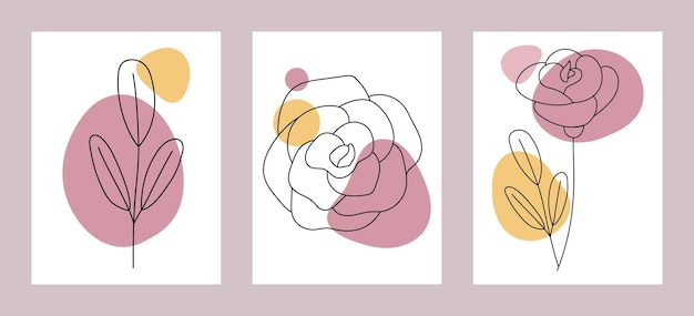 Set of posters with flowers in the style of line art with spots