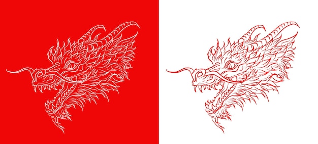 Set of posters with linear chinese dragon head as symbol of 2024 lunar new year Outline red dragons