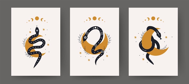 보헤미안 스타일의 마법의 뱀과 달이 있는 포스터 세트 트렌디한 미니멀리스트 스타일 밀교 벡터 일러스트레이션의 신비한 기호
