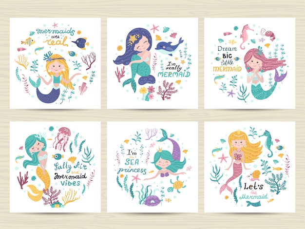 Set of posters with mermaid, sea animals and lettering