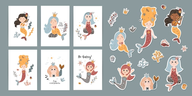 Set of posters with motivational phrases stickers with mermaids