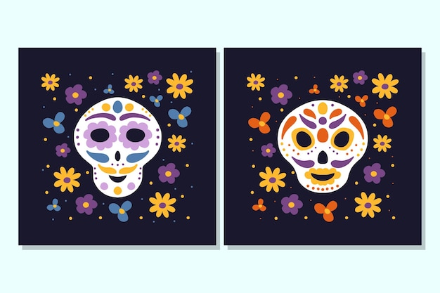 Set of posters with skulls for the day of the dead Skulls with flowers The day of the Dead Mexican festival Vector illustration