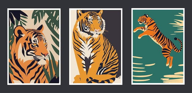 Set of posters with tigers Vector illustration in a flat style