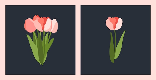 Set of posters with tulips on a dark background