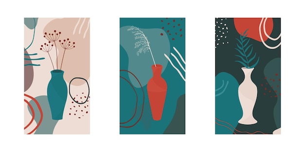 Vector set of posters with vases boho style