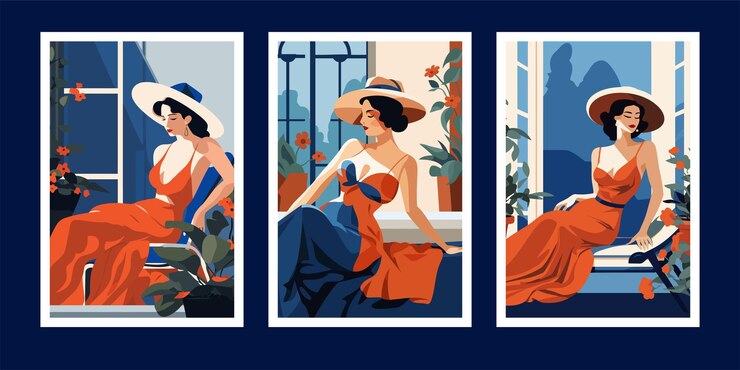 वेक्टर set of posters with women in retro dresses and hats vector illustration