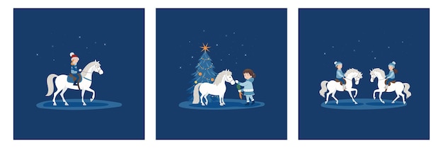 Vector set postkaarten wintervakantie kinderen op pony's