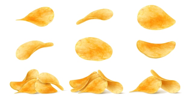 Vector set of potato chips closeup on an isolated white background realistic 3d vector illustration can be used for for advertising package or promo ads delicious food ripple meal