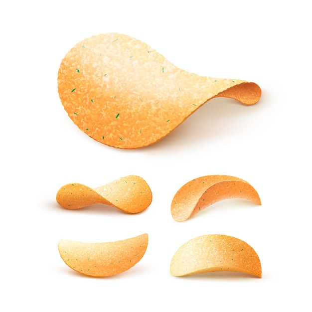   Set of  Potato Crispy Chips Close up  on White Background