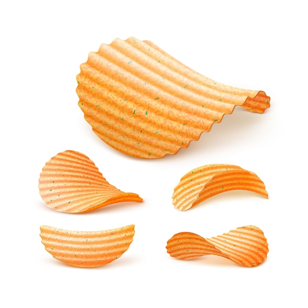  Set of  Potato Ripple Crispy Chips Close up Isolated