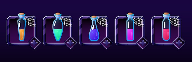 Set of potion bottle in frame panel with halloween theme. perfect for gui asset elements