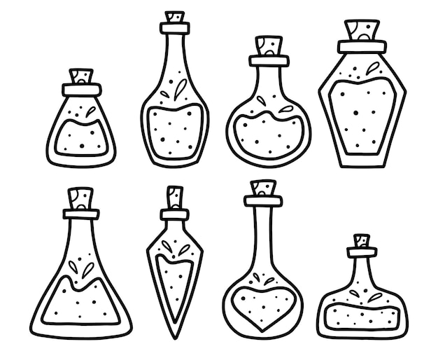 Vector a set of potion jars magic poison vector illustration collection of flasks with poison doodle style