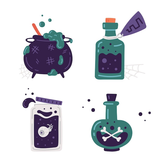 Vector set potions cauldron jar flasks for halloween vector illustration