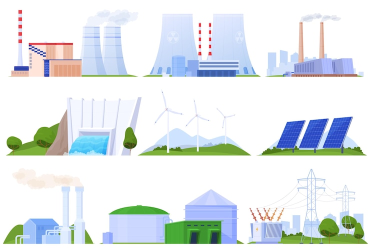 Vector set of power plants of different types