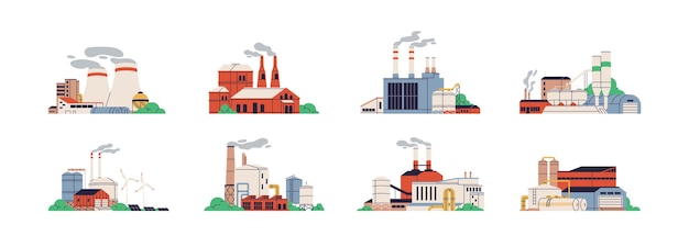 Set of power stations and plants for energy generation. Different types of factory buildings of heavy industry, generating electricity. Colored flat vector illustration isolated on white background.