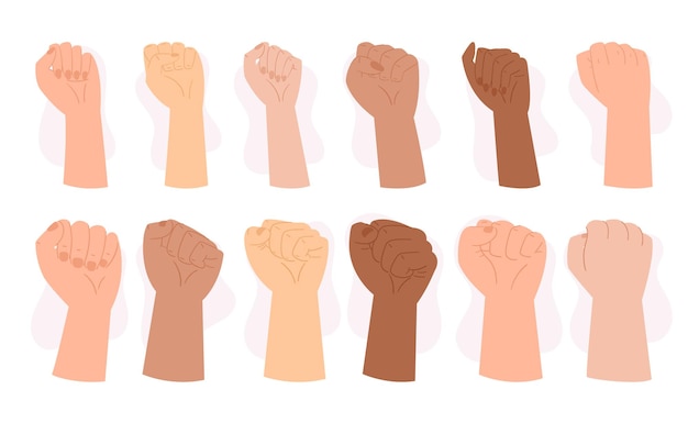 Set of powerful hand gesture that signifies resistance rebellion or protest raised human fists of diverse skin colors