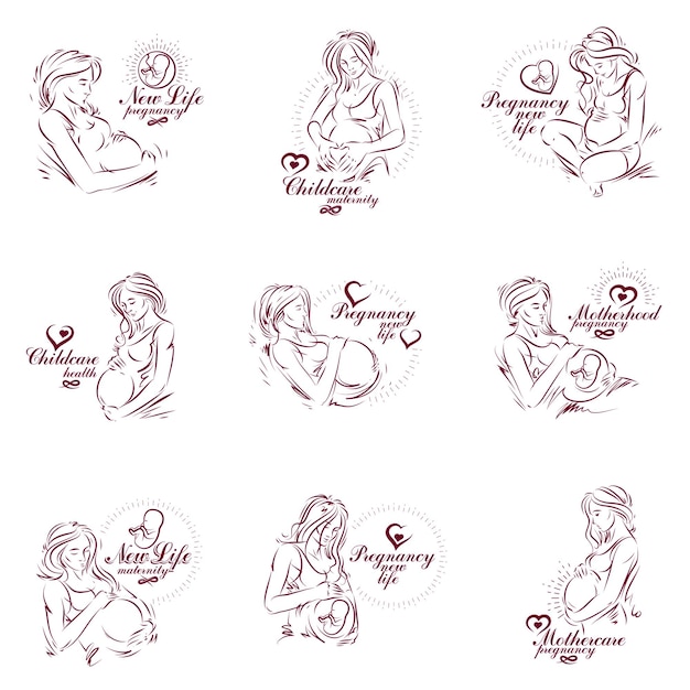 Set of pregnant female beautiful body outlines, mother-to-be vector drawn illustration. Maternity ward marketing poster