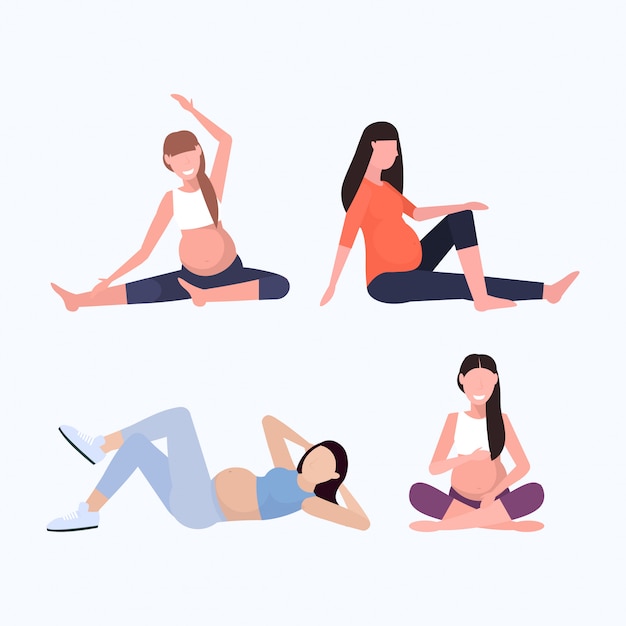 set pregnant woman doing different physucal exercises girls working out fitness pregnancy healthy lifestyle concept collection full length 