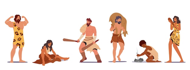 Vector set of prehistoric ages characters wear animal skin use primitive tools for hunting, light a fire, man demonstrate power showing muscles. neanderthal people lifestyle. cartoon vector illustration