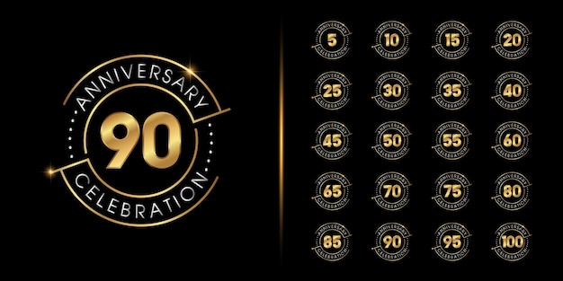 Vettore set di logo dell'anniversario premium design dell'emblema della celebrazione dell'anniversario d'oro per il profilo aziendale, volantino, rivista, brochure, banner web, invito o biglietto di auguri