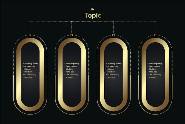 Set of premium golden options on a dark background Four golden infochart template with luxury