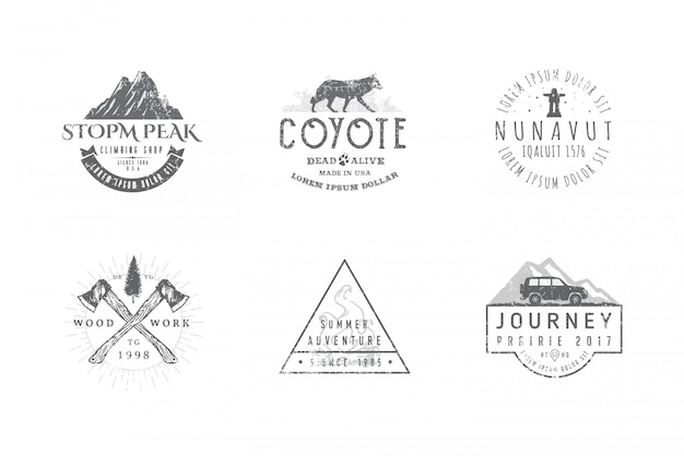 Set premium labels op de thema's natuur, natuur, jacht, reizen, wilde natuur, klimmen, kamperen, leven in de bergen,