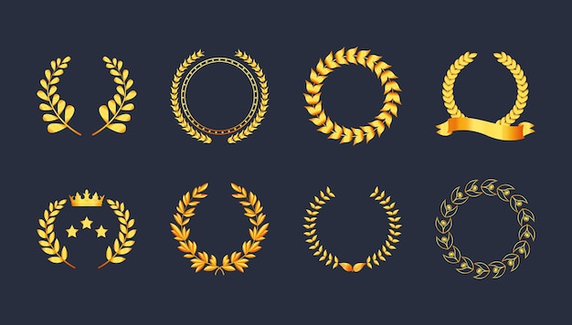 ベクトル プレミアム品質の金色の月桂冠のゴールド シルエットの葉葉状小麦オリーブとリボンの王冠ベクトル シンボル ロゴを設定し、達成紋章貴族ゲームの金色のバッジ メダルを授与します