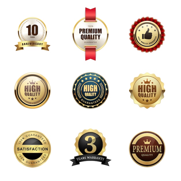 Vector set of premium quality guarantee badge award logo glossy metallic luxury