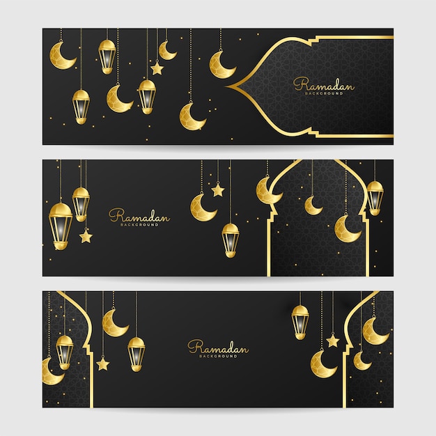 Vector set premium ramadan zwart en goud kleurrijke brede banner ontwerp achtergrond