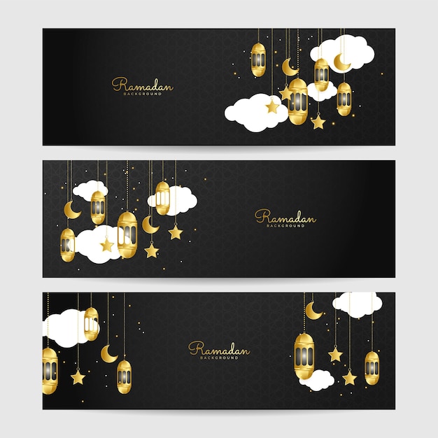 Set premium ramadan zwart en goud kleurrijke brede banner ontwerp achtergrond