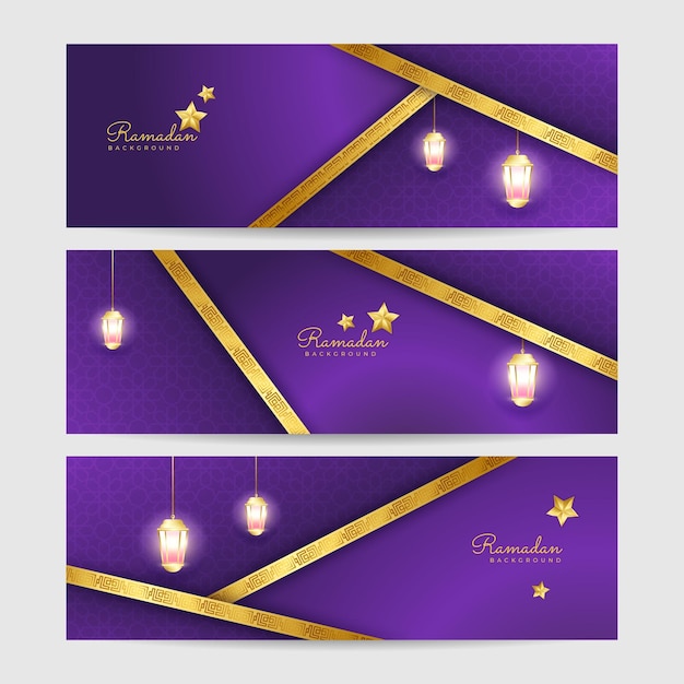 Set of Premium Ramadhan purple and gold colorful wide banner design background