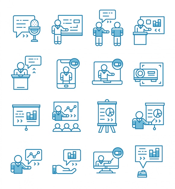 Set of presentation, seminar icons with outline style