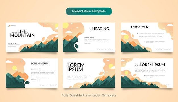 A set of presentation templates with mountains and clouds.