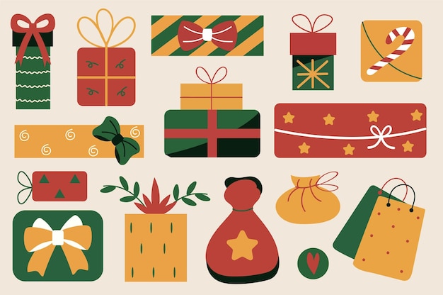 Set of presents in flat cartoon style Christmasthemed projects feature this charming set