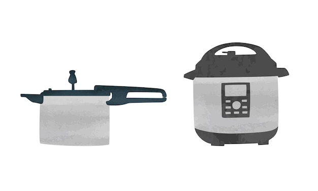 Set of pressure cooker watercolor style. Electric pressure cooker high pressure cooking pot clipart