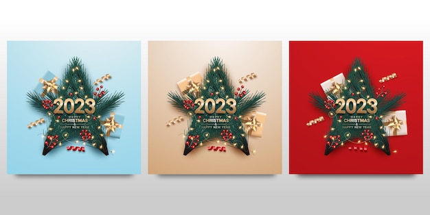 Set prettige kerstdagen en gelukkig nieuwjaar 2023 vierkante sjabloon voor spandoek