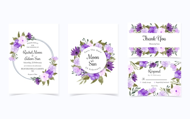 Set of pretty purple flower wedding invitation