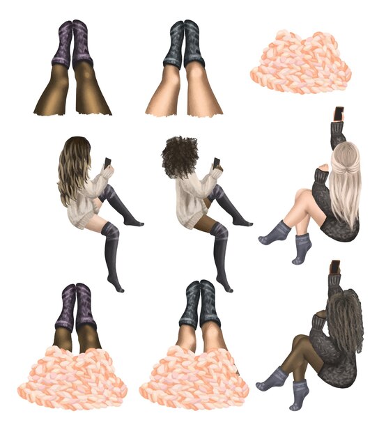 Vector set of pretty white and afro american girls with phones