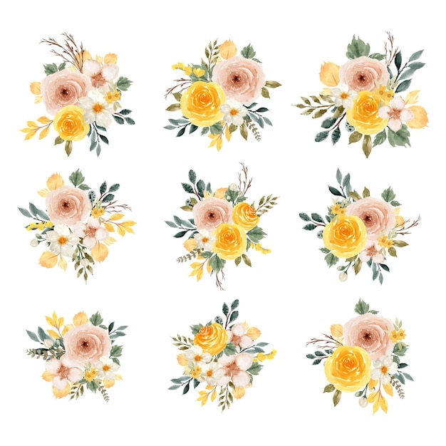 Set of Pretty Yellow And White Rustic Watercolor Floral Bouquet