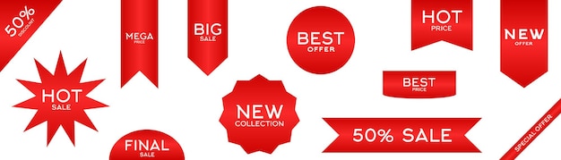 Set of Price tags Discount red ribbons Sale and shopping tags Vector collection