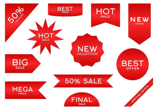 Set of Price tags Discount red ribbons Sale and shopping tags Vector collection