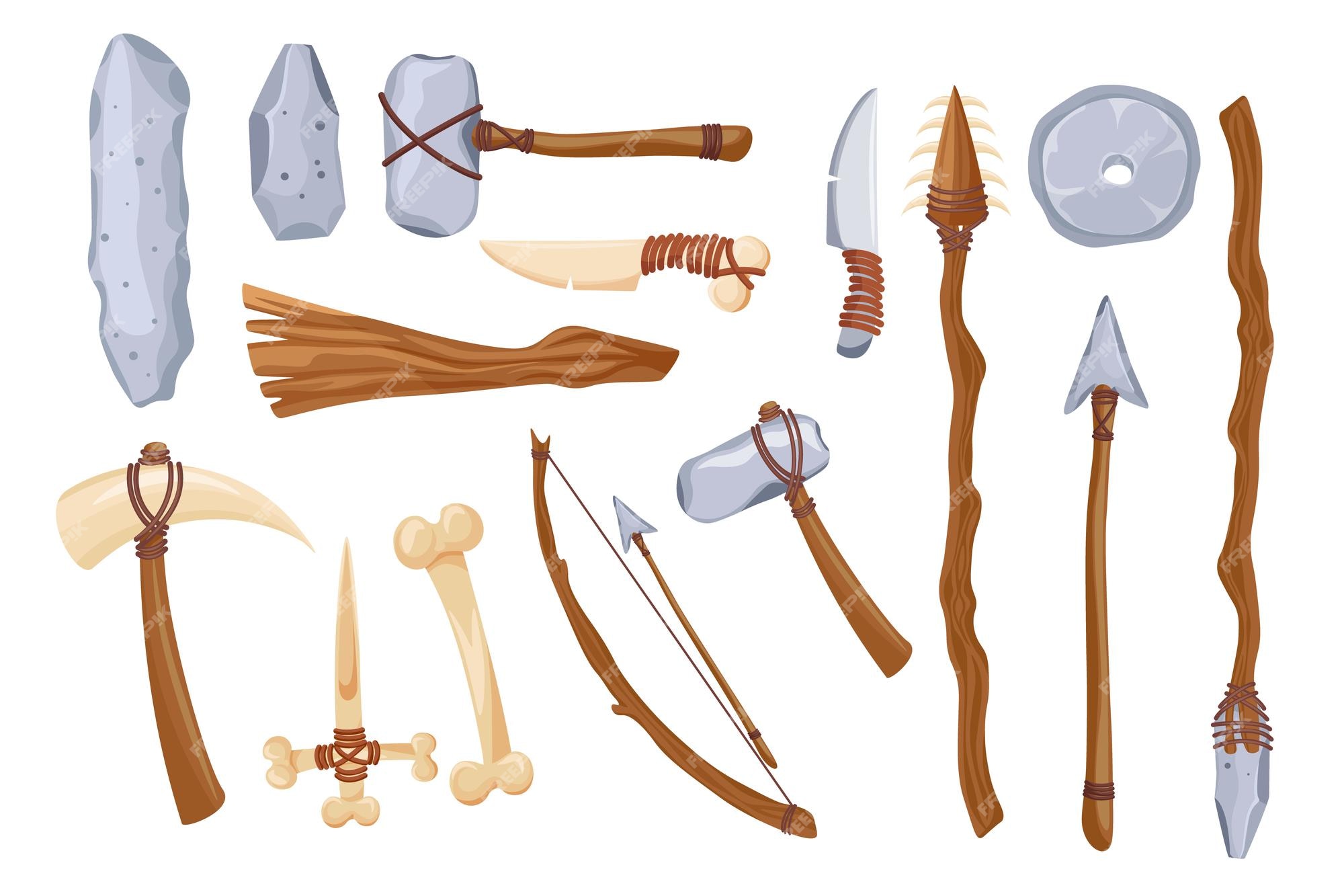 Premium Vector | Set Primal Stone Age Tools And Weapon Isolated On White  Background. Primitive Wheel, Wooden Bow With Arrow, Knife Or Axe