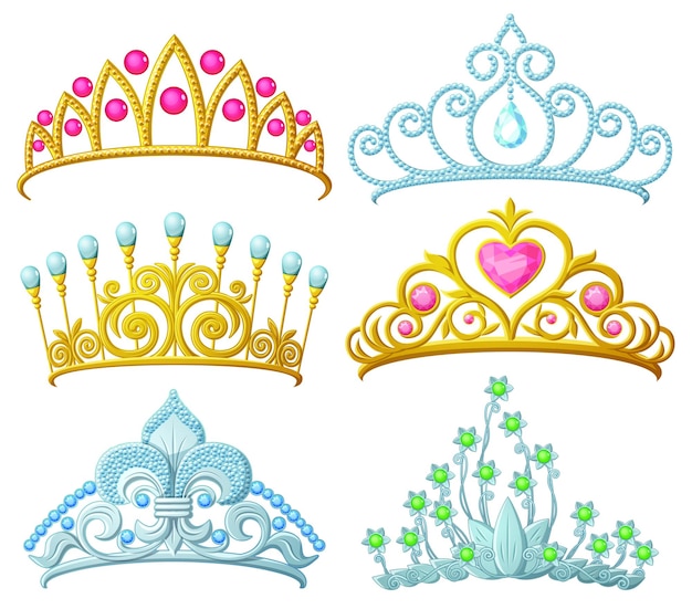 Vector set of princess crowns tiara isolated