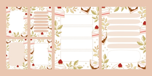 Vector set of printable to do list, daily planner, notepad templates with hand drawn cake and strawberry elements