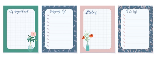 Set of printable planners To do list notes shopping list with flowers and plants Stationery card